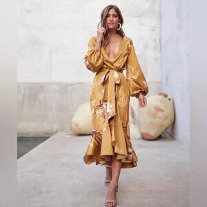 Express x Rocky Barnes gold  floral ruffle wrap dress XS/S